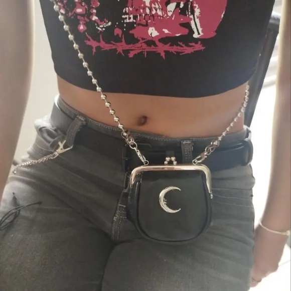 Faux Leather Crescent Moon Mini Crossbody Bag Purse Pouch Beaded Strap Black - Picture 3 of 7